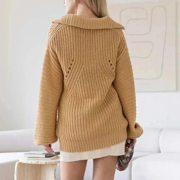 Knit Collar V-Neck Long Sleeve Sweater Tan Taupe - Picture 2 of 6